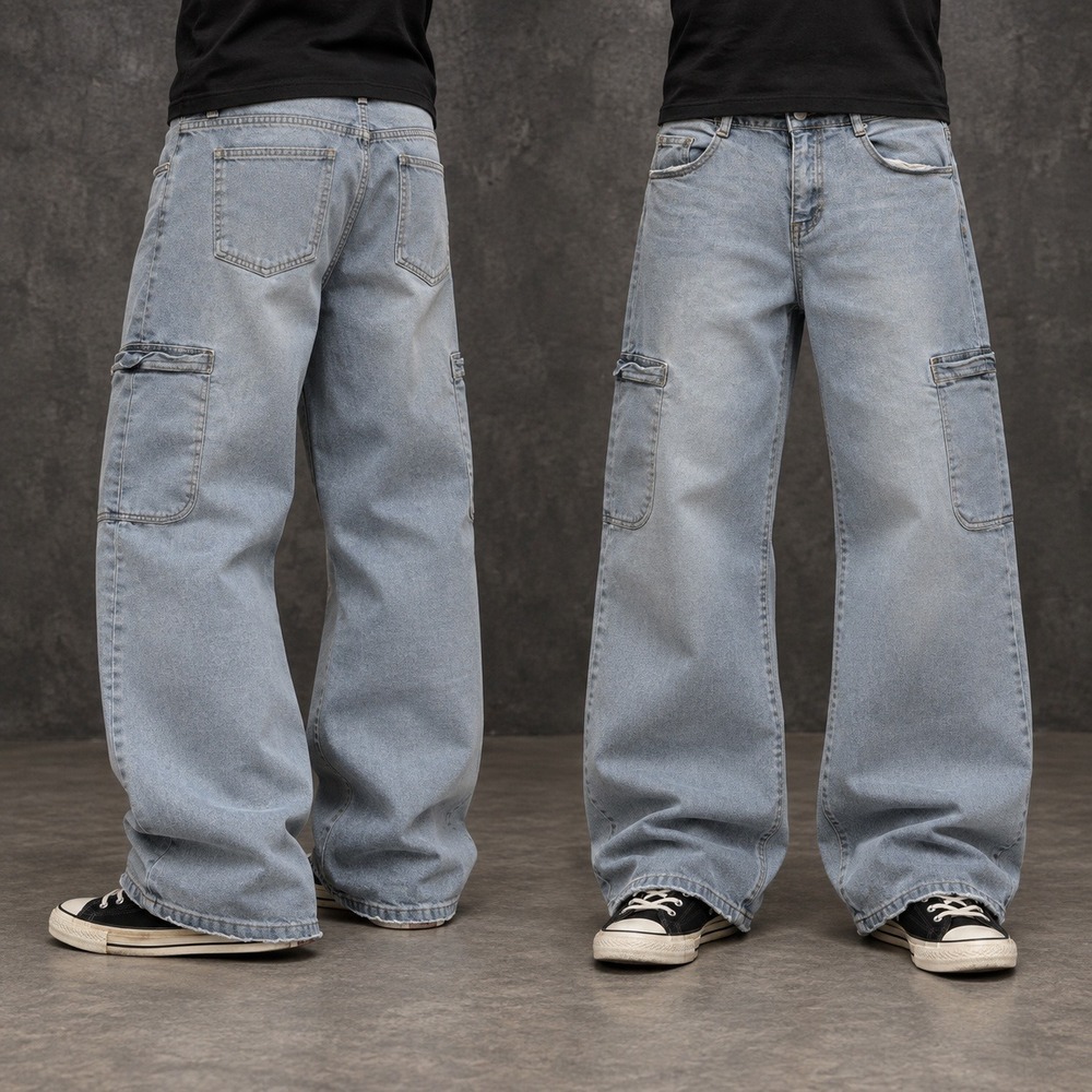 Blue Wide Leg Cargo Skater Jeans Huge Leg Opening Y2K (27x30)